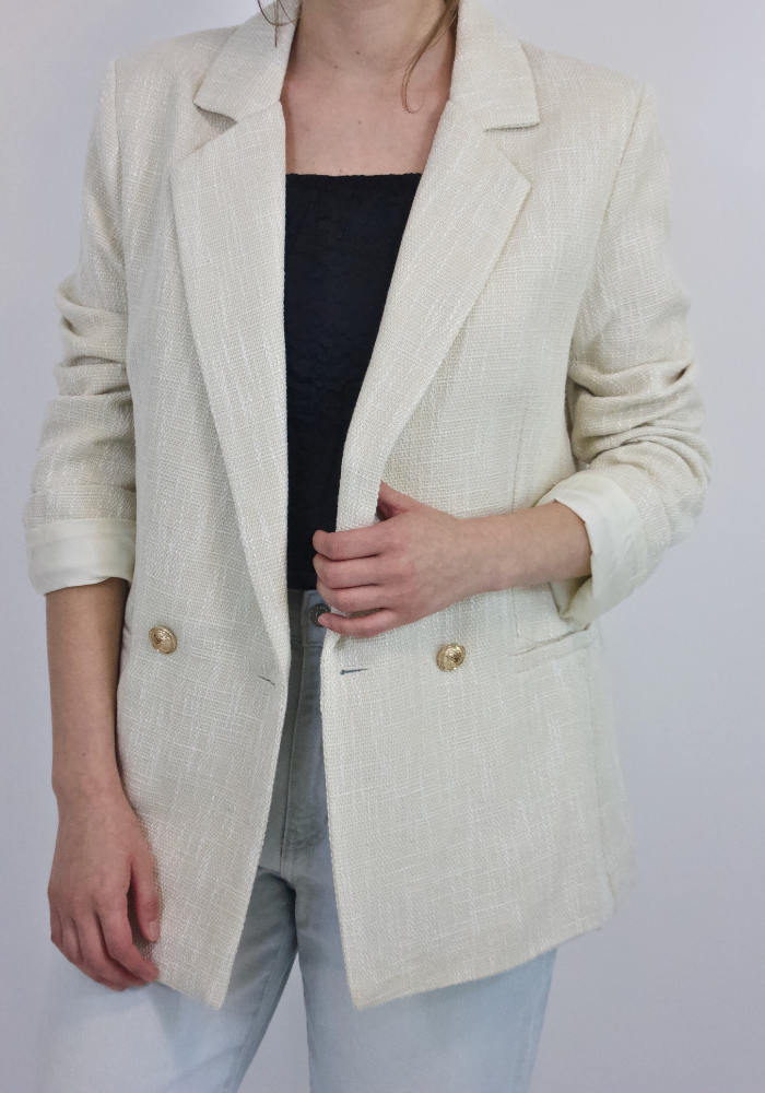 cream tweed blazer with gold buttons