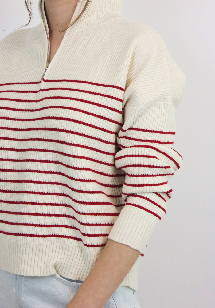 red and white stripe quarter zip pullover sweater