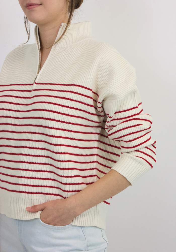 red and white stripe quarter zip pullover sweater