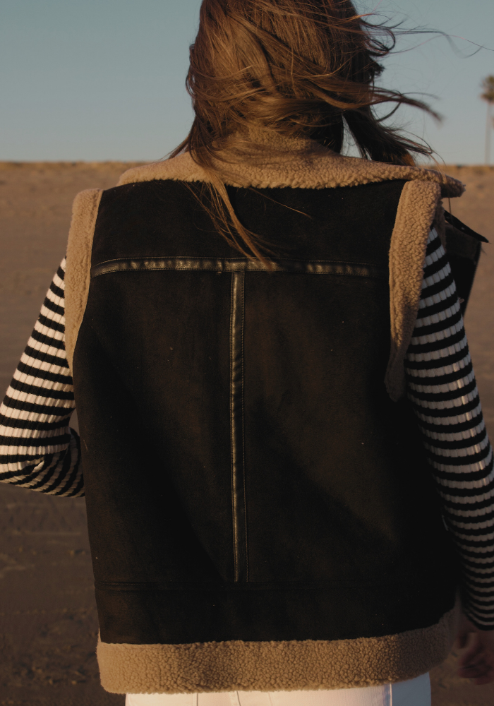 brown vest with shearling detail