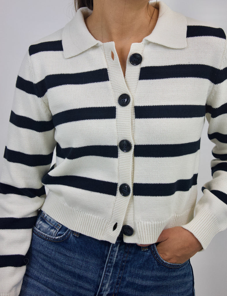 navy and white striped cropped cardigan