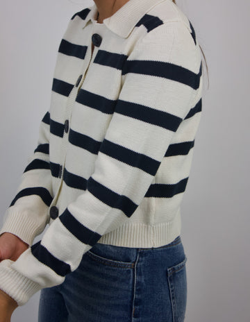 navy and white striped cropped cardigan