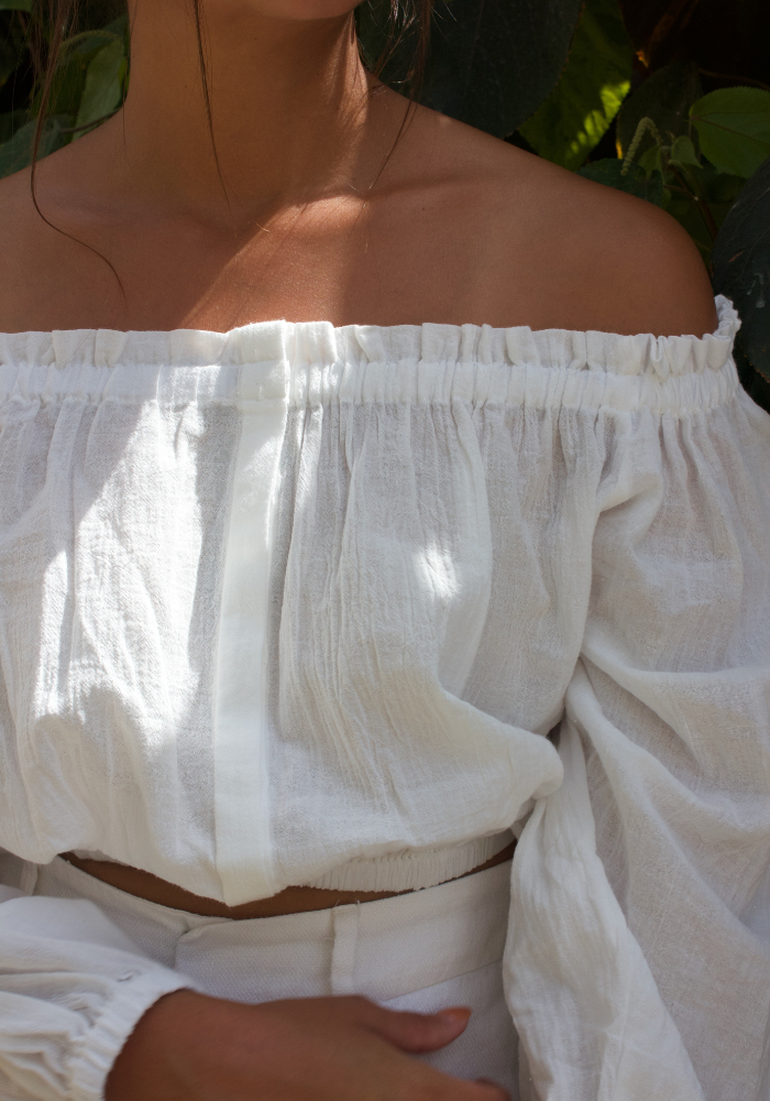 white off the shoulder cropped top