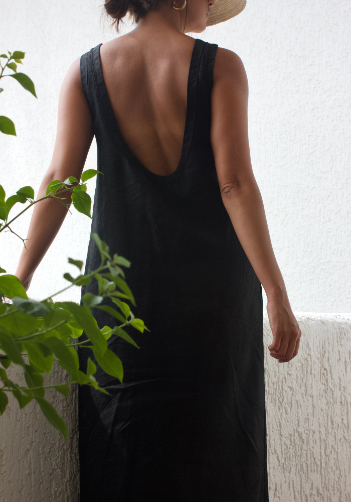 low back black linen dress